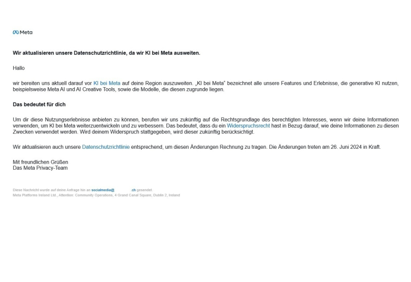 E-Mail von Meta zur Aktualisierung der Datenschutzrichtlinie